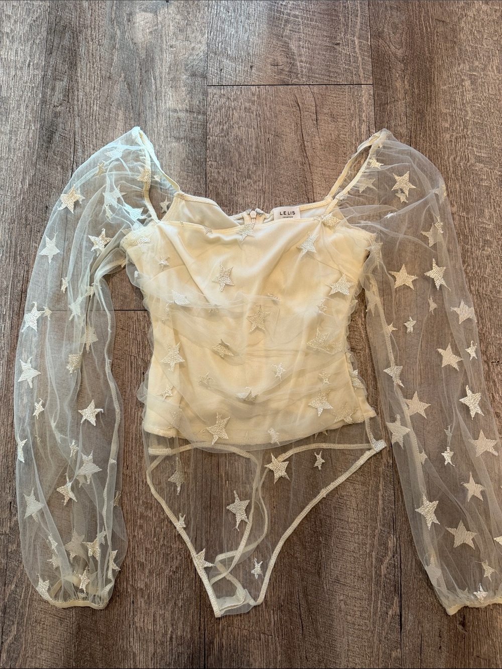 Le Lis Cream Star-Embroidered Sheer Mesh Bodysuit